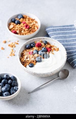 Müslischale mit Heidelbeeren. Gesundes Frühstück oder Fitness-Snacks Stockfoto