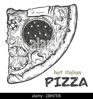 Heißes italienisches Pizzaa-Stück, handgezeichnete Skizze. Gefüllt mit Wurst, Käse, Pilzen, Tomaten mit Käse. Einrichtung für mich Laden, Kaffee, Pizzeria. Isolat Stock Vektor