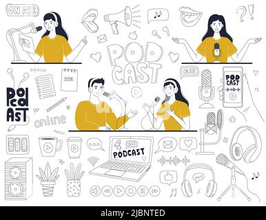 Satz von Doodle skizzieren Symbole eines Podcasts. Frau und Mann, die einen Podcast, ein Interview, eine Radiosendung, eine Sendung moderiert haben. Lineare dekorative Elemente Web desi Stock Vektor