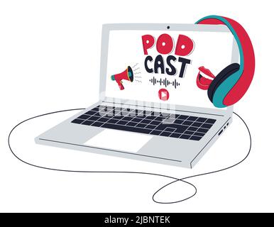 Ein offener Laptop mit einem Megaphon, einem Podcast-Wort und einem lächelnden Mund auf einem Bildschirm. Ein PC mit Tastatur. Vorlage für das Podcast-Cover, Stock Vektor