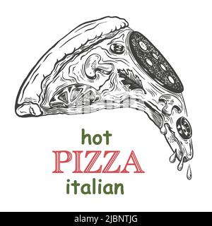 Portion heiße italienische Pizza, handgezeichnete Skizze. Werbegeschäft, Café, Pizzeria. Isoliert auf weißem Hintergrund. Vektor. Stock Vektor