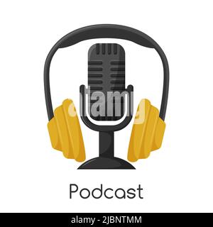 Professionelle Studio-Over-Ear-Kopfhörer mit großen Ohrpolstern und einem klassischen Retro-Mikrofon dazwischen. Ausrüstung für Podcasting, Musikhören. Stock Vektor