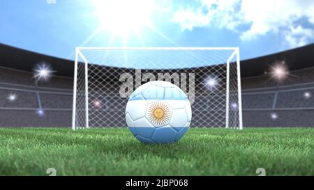 Fußball in Fahnenfarben auf einem hellen sonnigen Stadionhintergrund. Argentinien. 3D Bild Stockfoto