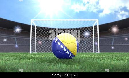 Fußball in Fahnenfarben auf einem hellen sonnigen Stadionhintergrund. Bosnien und Herzegowina. 3D Bild Stockfoto