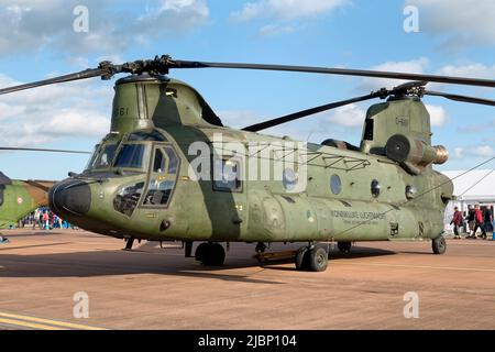 Fairford, Gloucestershire, Großbritannien - Juli 2019: No 298 Squadron Royal Netherlands Air Force (Koninklijke Luchtmacht) CH-47D Chinook Schwerlasthubschrauber ( Stockfoto