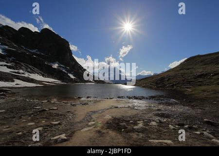 Blick auf das Matterhorn, vom Riffelsee Stockfoto