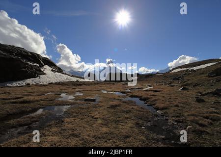 Blick auf das Matterhorn von den Mooren Stockfoto