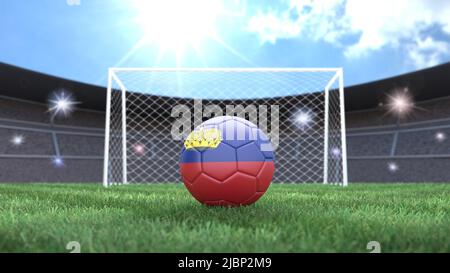 Fußball in Fahnenfarben auf einem hellen sonnigen Stadionhintergrund. Liechtenstein. 3D Bild Stockfoto