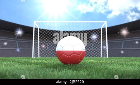 Fußball in Fahnenfarben auf einem hellen sonnigen Stadionhintergrund. Polen. 3D Bild Stockfoto