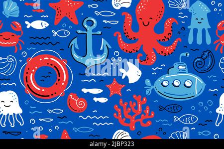 Nautischer nahtloser Hintergrund. Marine helle Muster. Kindisch niedlichen Cartoon Vektor Illustration Stock Vektor