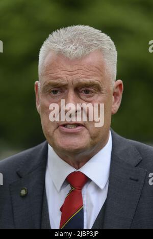 Lee Anderson MP (Con:Ashfield) in Westminster, interviewt vor einem Vertrauensvotum in Boris Johnson, Juni 7. 2022 Stockfoto