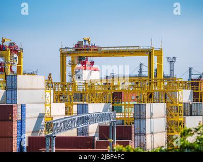 Container im Frachthafen mit Industriekranen. Import und Export Logistik Transport und internationalen Handel Konzept. Stockfoto