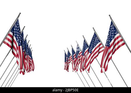 Schöne Feierstflagge 3D Illustration - viele USA-Flaggen hängen von links und rechts auf weiß isoliert an diagonalen Masten Stockfoto