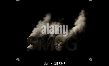Text Smog mit Schädelrauchen auf schwarzem Hintergrund, isoliert - industrielles 3D Rendering Stockfoto