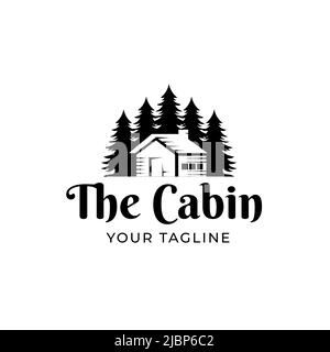 Vintage Cabin und Pine Forest Illustration Logo Design Stock Vektor