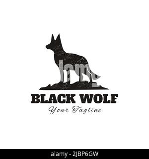 Wolf Fox Dog Design Logo auf rustikalem Stein Vintage Silhouette Stock Vektor