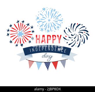 Alles gute zum Unabhängigkeitstag, 4.. Juli Nationalfeiertag. Grußkarte, Einladung. Handgezeichnetes Feuerwerk, Fähnchenflaggen. US-Farben. Vektor Stock Vektor