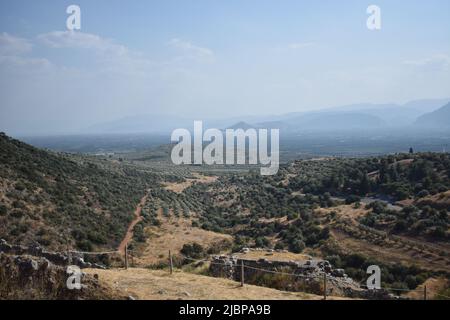 Blick von Mykene, Mykines archäologisches Gebiet im Dorf Argolis in Griechenland. Stockfoto