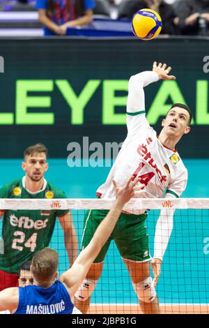 Ottawa, Kanada. 07 Juni 2022. Asparuh Asparuhov (14 -- aus Bulgarien) bei der Volleyball-Aktion des FIVB Nations Cup zwischen Bulgarien und Serbien in Ottawa, Kanada. Stockfoto