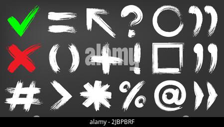 Zeichensetzung Häkchen Zeichen Tinte Kreide flach gesetzt. Text hervorheben Mathematik Studie Typografie Grunge Schrift Graffiti Pinsel Textur Symbol Mehrfach dividieren Prozentsatz Ausrufefragen Klammer Pfeil Rahmen Raster Stock Vektor