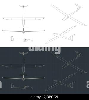 Stilisierte Vektordarstellung von Blaupausen des Segelflugzeugs Stock Vektor