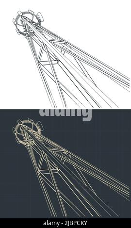 Stilisierte Vektordarstellung von Zeichnungen des Zellturms mit Ausrüstung Stock Vektor