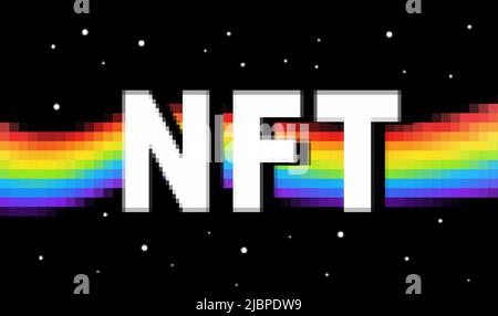 Neuer Trend für zukünftige Investitionen und virtuelle Gewinne. NFT-Konzept für nicht fungible Token. NFT-Zeichen auf schwarzem Hintergrund Stockfoto