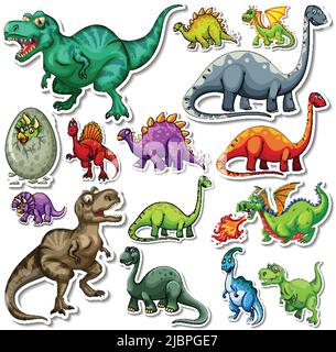Aufkleber Set von verschiedenen Dinosaurier Cartoon Illustration Stock Vektor