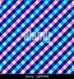 Nahtloses Muster. Klassische Zelle diagonal. Kontrastierende diagonale Linien in Rosa und Blau auf dunkelblauem Hintergrund. Stockfoto