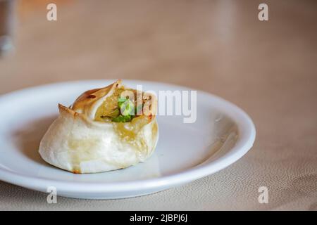 Typisch gebackene argentinische Empanadas (ähnlich wie Kuchen) mit Quinoa, Käse und grüner Zwiebelfüllung. Vegetarische Gerichte aus dem Norden Argentiniens. Stockfoto