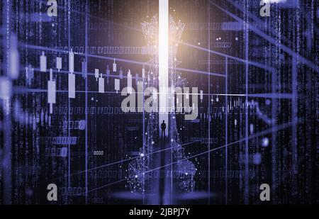 Schachspiel hinter Forex-Chart-Indikatoren oder Börsengraph im abstrakten Hintergrund. Geschäftskonzept zur Präsentation von Finanzinformationen und digitalen Stockfoto