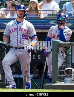New York Mets Infielder Pete Alonso (20) und New York Mets Infielder Francisco Lindor (12) während eines MLB-Spiels zwischen New York Mets und San Francisco Stockfoto