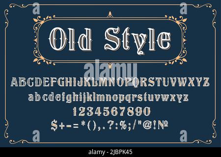 WESTERN Retro Front, Wild West Vintage-Typ Alphabet, Vektor alten Stil Buchstaben. WESTERN Typography Schrift oder Schrift Zahlen und Zeichen im Stil von Wild West Cowboy Saloon oder Vintage Steampunk Schrift Stock Vektor