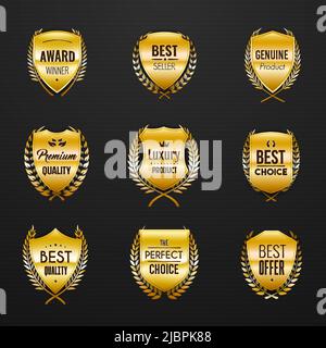 Goldener Schildkranz, beste Auswahl und Qualität Abzeichen, Vektor-Goldmedaillen. Goldenes Schild Zertifikat oder Kranz Award Band für Luxus echtes Produkt, perfekte Wahl und Premium-Qualität Siegel Stock Vektor