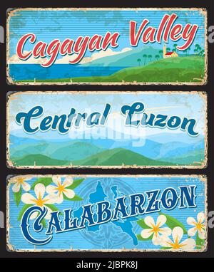 Central Luzon, Calabarzon und Cagayan Valley, Provinzen der Philippinen, Vektor-Reise-Platten und Aufkleber. Philippinen Provinzen und Regionen Zinn-Schilder oder Tourismus-Gepäckanhänger mit Wahrzeichen Stock Vektor