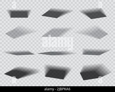 Quadratische Rechteck Box Schatten Effekte, realistische Überlagerung und Vektor transparenten Schatten. Objektschattierungen, schwarzer und weißer weicher Schatten auf Boden oder Bodenoberfläche, Seitenlichteffekte Stock Vektor