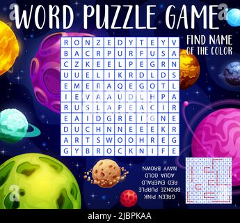 Cartoon Fantasy Galaxie Raum Planeten Wort Suche Vektor Puzzle-Spiel Arbeitsblatt. Kinder Quiz Gitter von Farbe lernen, Bildung Rätsel, bunte Planeten, Sterne und Planeten von außerirdischen Welt Universum Stock Vektor