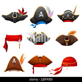 Cartoon Tricorn, Bandana und Piraten gespannt Hut gesetzt. Korsaren, Freibeuter, Piraten, Filibuster-Hüte. Vektor-Kopfbedeckung für Karneval, Kapitän und Matrosen Mützen mit Federn und fröhlichen rogers, rote Schals Stock Vektor
