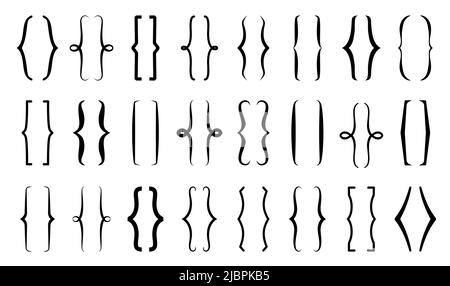 Klammern, geschweifte runde und quadratische elegante Rahmen, Vektor. Zeilenumrandungen in Klammern, Vintage-Doodle-Design von Boardern und Rahmenteilern, Typografie lockige Dekorationssymbole Stock Vektor