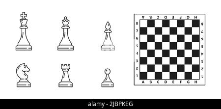 Schachfiguren-Symbole und Schachbrett, König, Pferd, Königin und Ritter Stücke des Schachspiels. Vektor-Schachbrett mit Bauer und Burg oder Bischof Rook Stück Zahlen in der Umrisse für Schachmatt Strategiespiel Stock Vektor