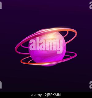 Lila Weltraum-Planet mit zwei Ringen auf Vektor-Hintergrund der Cartoon außerirdischen Welt Universum dunklen Himmel. Fantasy-Spiel ui oder gui-Element, helle Kugel des Galaxienplaneten mit Astroidengürtel und hellen Wirbeln Stock Vektor