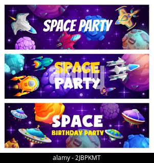 Weltraumparty, Cartoon-Raumschiffe, Raumschiffe und Raketen in der Galaxie, Vektor kosmische Banner. Kinder feiern mit Fantasy-Planeten oder außerirdischen UFO-Raumschiffen, galaktischem Shuttle und fantastischen Galaxien-Raumfahrzeugen Stock Vektor