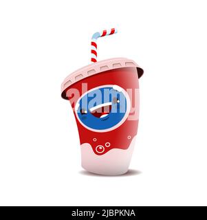 Soda Tasse Cartoon-Figur, lustige Vektor kohlensäurehaltige Getränk Tasse mit kawaii lächelndes Gesicht. Einweg-Becher aus Papier mit gestreiftem Strohhalm und Kunststoffdeckel. Isolierte Getränkeauswahl zum Mitnehmen für Kinder Stock Vektor