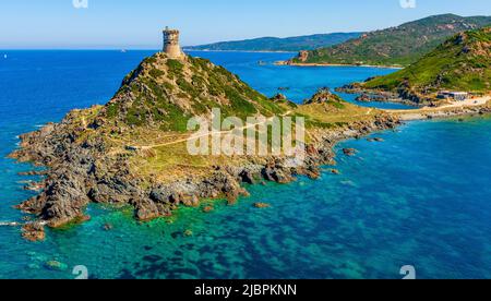 Frankreich. Corse-du-Sud (2A) Sanguinaires-Inseln. Luftaufnahme der Insel La Parata Stockfoto
