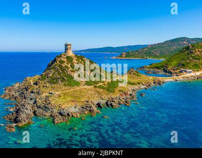 Frankreich. Corse-du-Sud (2A) Sanguinaires-Inseln. Luftaufnahme der Insel La Parata Stockfoto