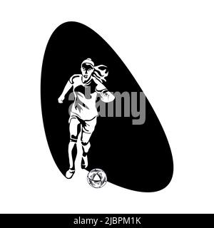 Fußball für Damen. Eine Frau spielt Fußball, tritt den Ball. Vektor-Silhouette auf weißem Hintergrund isoliert Stock Vektor