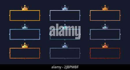 Rechteck-Avatar-Rahmen mit königlichen Kronen, ui-Spiel mittelalterlichen Metall-Grenzen. Cartoon leer metallischen Grenzen mit ausgefallenen Edelsteinen, isolierte Fantasy-Design-Elemente, gui-Grafiken, Vektor-Illustration Stock Vektor