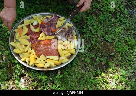 Frauenhänden, die Kartoffeln und Fleisch auf einem Bratblech zum Backen auf dem Kamin zubereiten Stockfoto