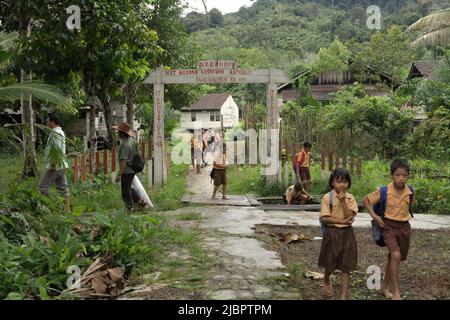 Schulkinder, die nach dem Besuch einer Grundschule im abgelegenen Dorf Nanga Raun in Kalis, Kapuas Hulu, West Kalimantan, Indonesien, auf einem ländlichen Pfad spazieren gehen. Stockfoto