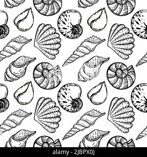 Nahtlose, handgezeichnete Meerestiere im Sketch-Stil. Muscheln. Weißer Hintergrund. Isoliert. Sommer. Meer. Flaches Design. Vektorgrafik Stock Vektor